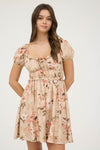 Floral Ruffle Trim Velvet Front Tie Mini Dress
