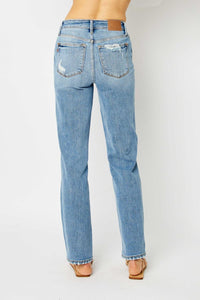 High Waist Straight Jeans W/ Heavy Destroy 82470