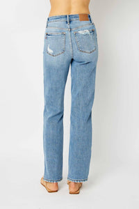 High Waist Straight Jeans W/ Heavy Destroy 82470