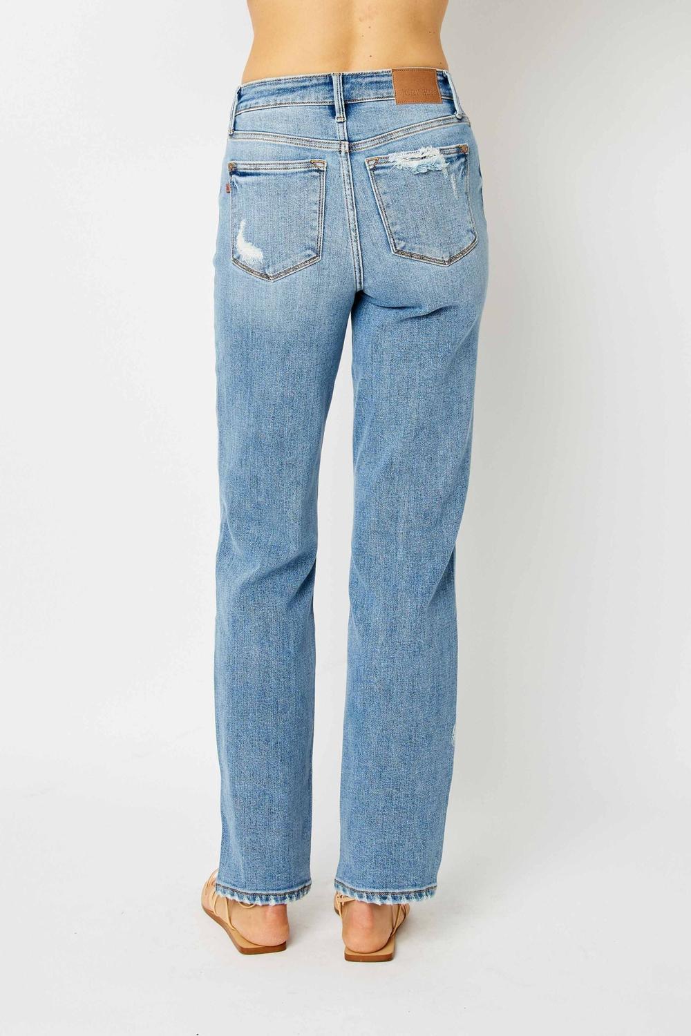 High Waist Straight Jeans W/ Heavy Destroy 82470