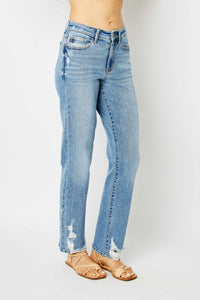 High Waist Straight Jeans W/ Heavy Destroy 82470