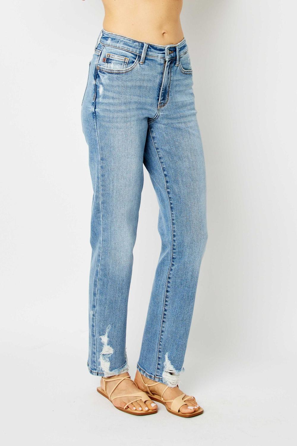 High Waist Straight Jeans W/ Heavy Destroy 82470