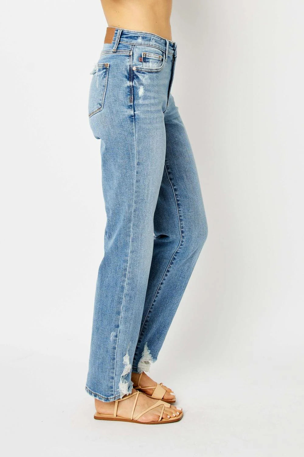 High Waist Straight Jeans W/ Heavy Destroy 82470