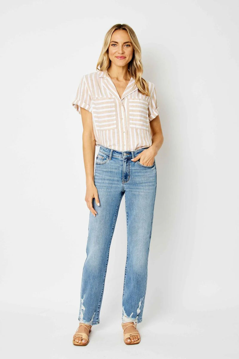 High Waist Straight Jeans W/ Heavy Destroy 82470