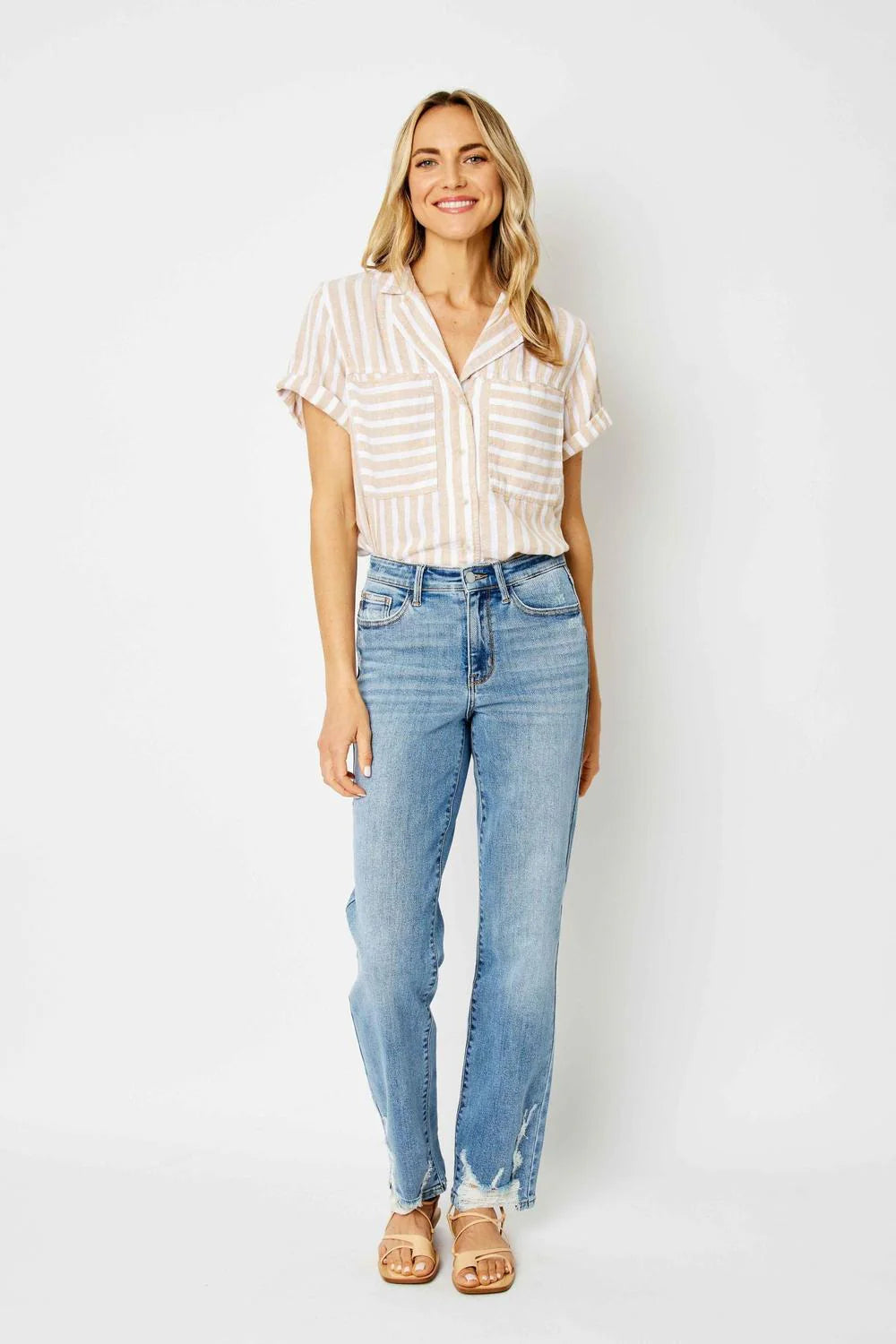 High Waist Straight Jeans W/ Heavy Destroy 82470