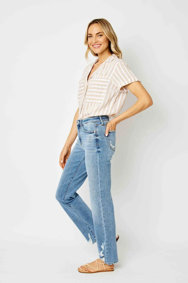 High Waist Straight Jeans W/ Heavy Destroy 82470