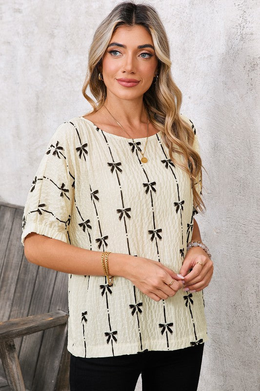 Bow Print Puff Short Sleeve Top