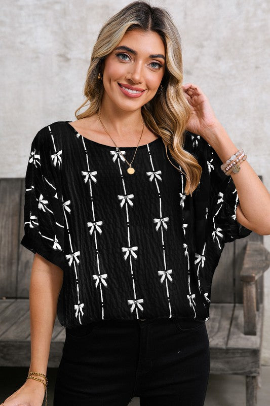 Bow Print Puff Short Sleeve Top