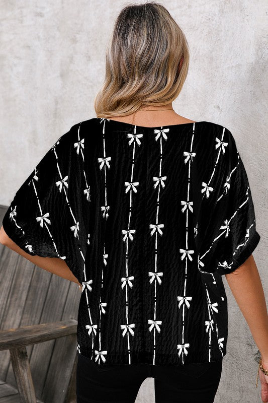 Bow Print Puff Short Sleeve Top