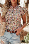 Boho Floral Button Neck Ruffle Short Sleeve Blouse