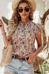 Boho Floral Button Neck Ruffle Short Sleeve Blouse