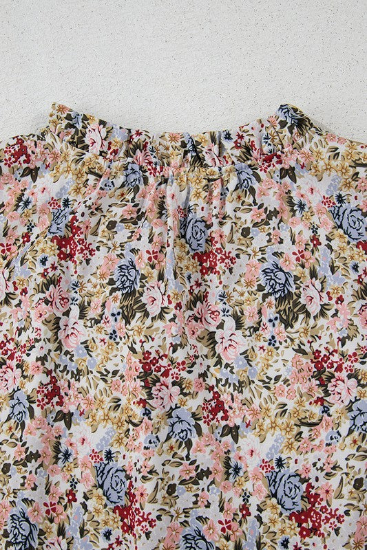 Boho Floral Button Neck Ruffle Short Sleeve Blouse