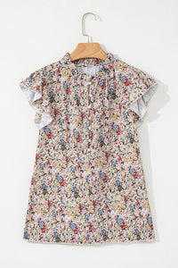Boho Floral Button Neck Ruffle Short Sleeve Blouse