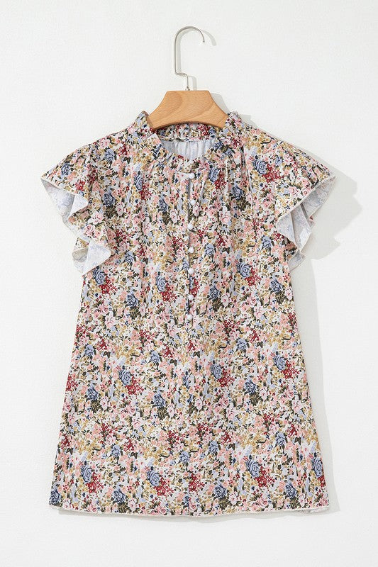 Boho Floral Button Neck Ruffle Short Sleeve Blouse