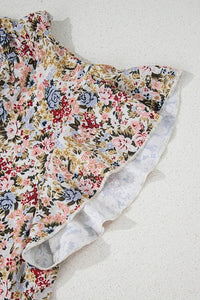 Boho Floral Button Neck Ruffle Short Sleeve Blouse