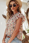 Boho Floral Button Neck Ruffle Short Sleeve Blouse