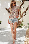 Boho Floral Button Neck Ruffle Short Sleeve Blouse