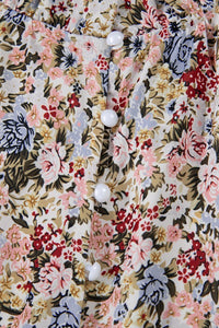Boho Floral Button Neck Ruffle Short Sleeve Blouse