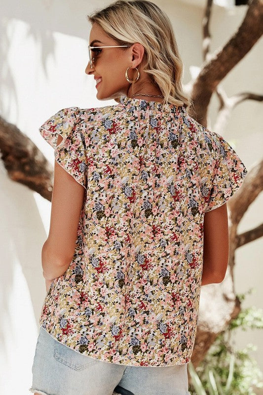 Boho Floral Button Neck Ruffle Short Sleeve Blouse