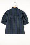 Checkered Puff Sleeve Frill Trim Blouse