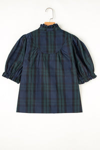 Checkered Puff Sleeve Frill Trim Blouse