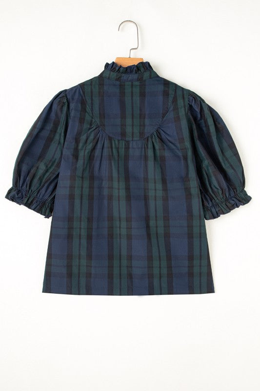 Checkered Puff Sleeve Frill Trim Blouse