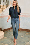 Checkered Puff Sleeve Frill Trim Blouse
