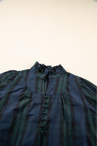 Checkered Puff Sleeve Frill Trim Blouse