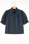 Checkered Puff Sleeve Frill Trim Blouse