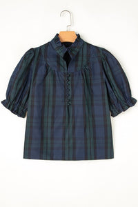 Checkered Puff Sleeve Frill Trim Blouse