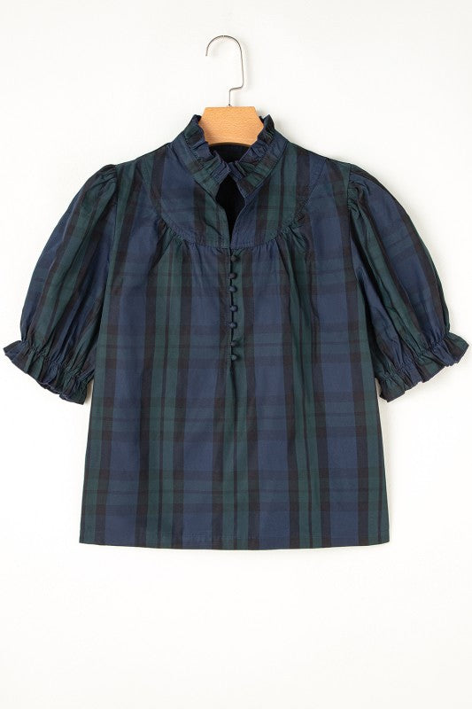 Checkered Puff Sleeve Frill Trim Blouse