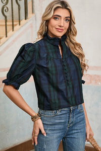 Checkered Puff Sleeve Frill Trim Blouse
