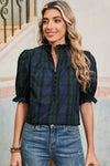 Checkered Puff Sleeve Frill Trim Blouse