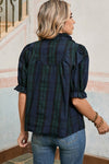Checkered Puff Sleeve Frill Trim Blouse