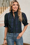 Checkered Puff Sleeve Frill Trim Blouse
