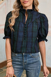 Checkered Puff Sleeve Frill Trim Blouse