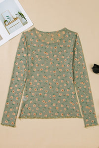 Long Sleeve Mesh Floral Patterned Top