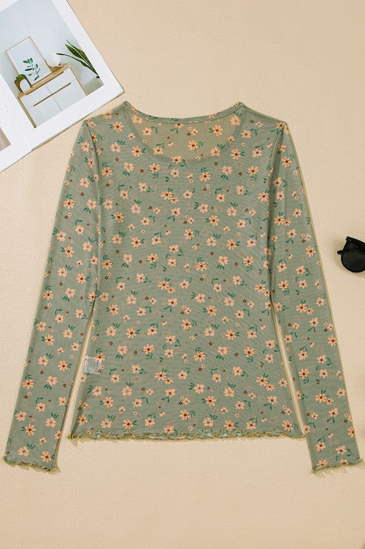 Long Sleeve Mesh Floral Patterned Top