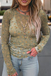 Long Sleeve Mesh Floral Patterned Top