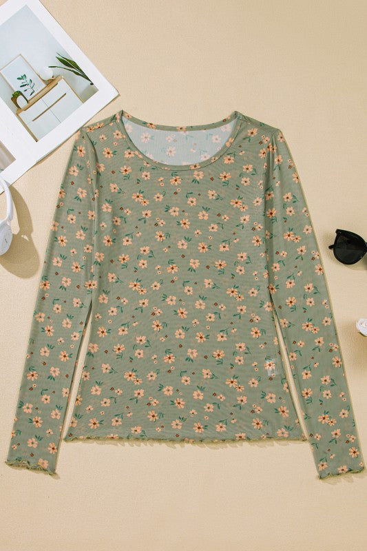Long Sleeve Mesh Floral Patterned Top