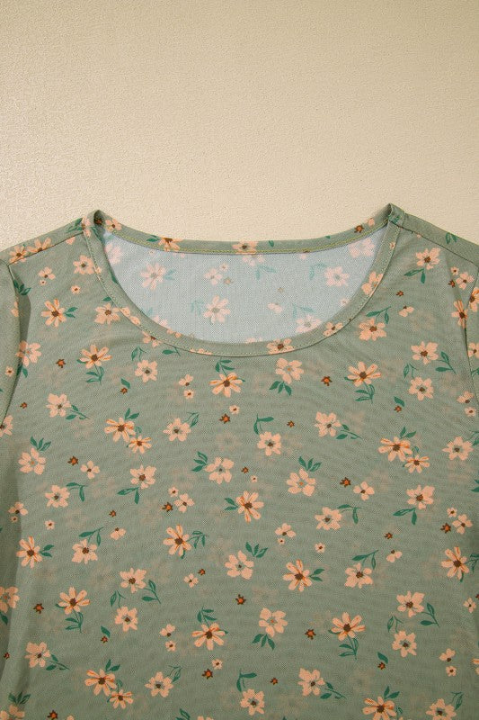Long Sleeve Mesh Floral Patterned Top
