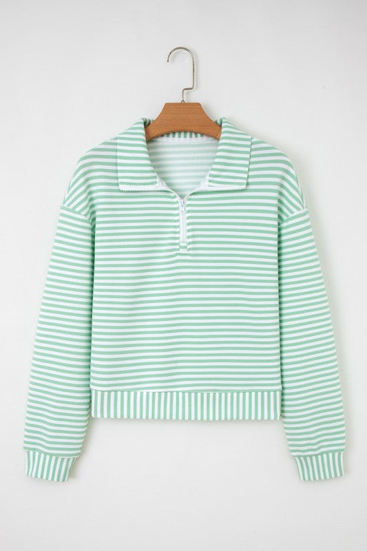 Stripe Quarter Zip Collar Long Sleeve Top