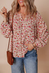 Pleated Detail Notched Neck Puff Sleeve Blouse