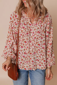 Pleated Detail Notched Neck Puff Sleeve Blouse