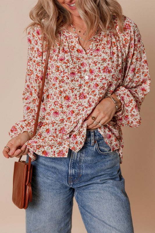 Pleated Detail Notched Neck Puff Sleeve Blouse