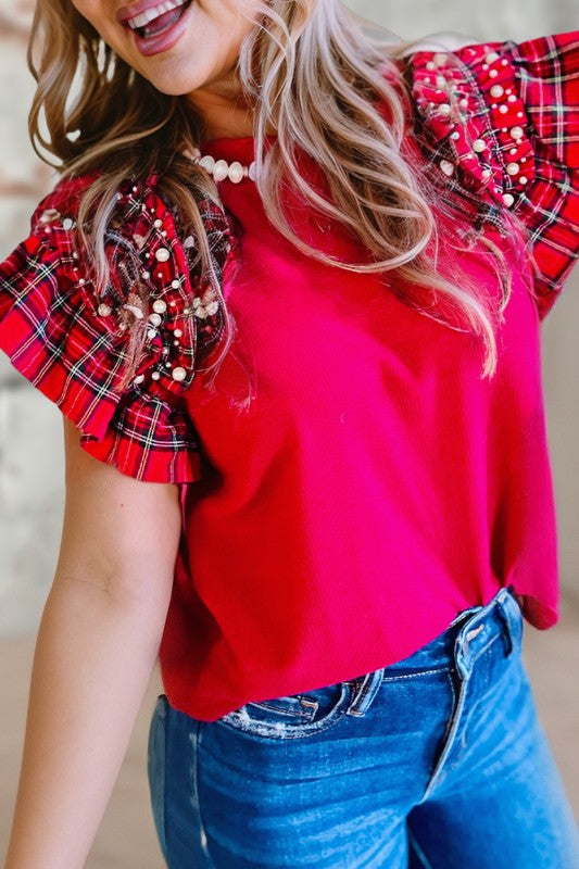 Plaid Pearl Ruffle Short Sleeve Loose T Shirt