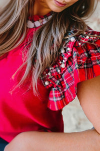Plaid Pearl Ruffle Short Sleeve Loose T Shirt