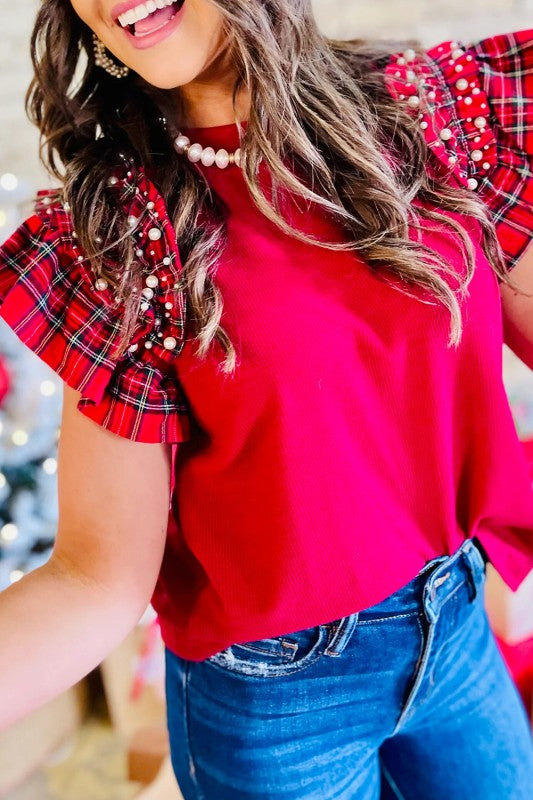 Plaid Pearl Ruffle Short Sleeve Loose T Shirt
