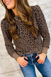 Ribbed Trim Leopard Print Long Sleeve Top Brown
