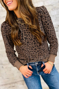 Ribbed Trim Leopard Print Long Sleeve Top Brown